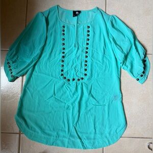 Angie V-Neck Chiffon Gold Studded Short Sleeve Blouse Large Teal